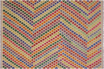 Flat Weave Kilim, Antique, Navaho, Vintage, Handmade, Modern Kilim Beige Blue Hand-Woven Rectangle 100% Wool Area Rug 6 x 8